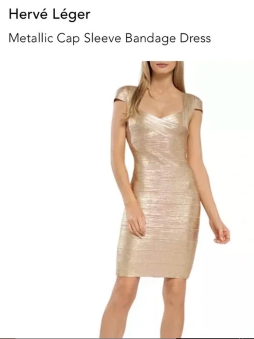 NWT Hervé Léger Gold Metallic Bandage Dress Cap Sleeve Bodycon Midi Size L